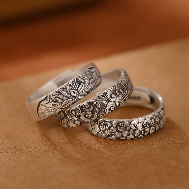 Buddha Stones 999 Sterling Silber Lotusblume Pflaumenblüte Verheißungsvolle Wolken Erleuchtungsring mit Gravur - image 0