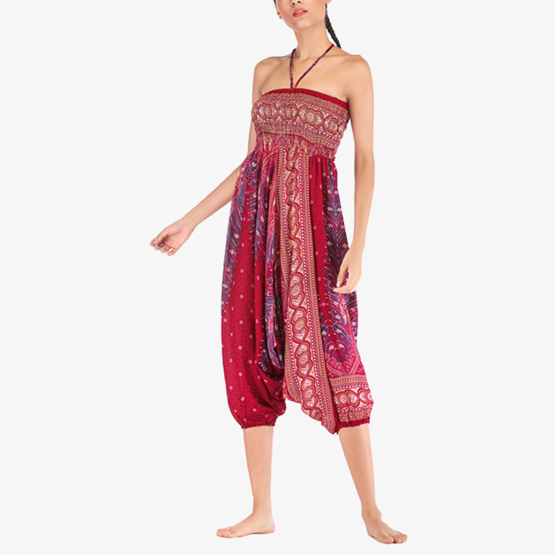 Buddha Stones Two Style Wear Feathers Geometrisches Muster Locker Smoked Hose Jumpsuit Damen Yogahose