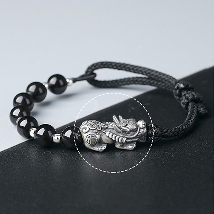 Buddha Stones 999 Sterling Silber FengShui PiXiu Natürlicher schwarzer Obsidian 925 Sterling Silber Bead Strength Armband