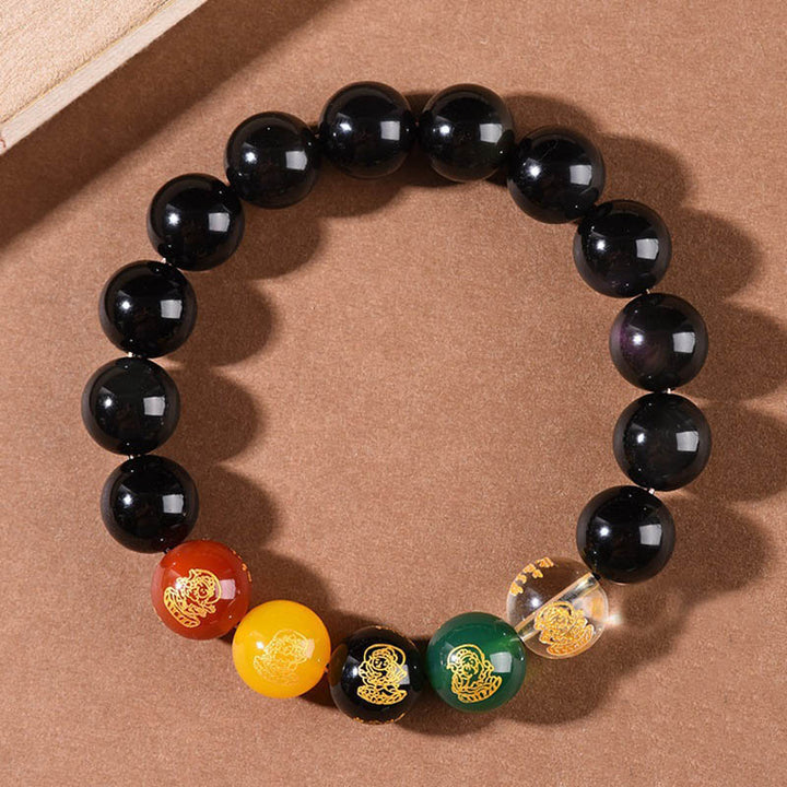 Buddha Stones Armband Gods of Wealth, goldglänzender Obsidian, Regenbogenobsidian, schwarzer Obsidian, Five Directions