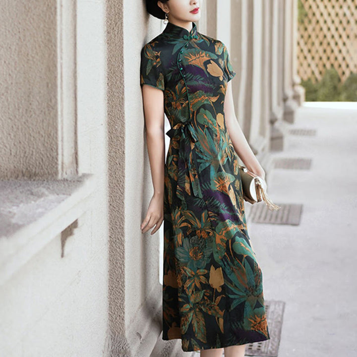 Buddha Stones Seide Qipao Kleid Retro Blumen Blatt Muster Damen Cheongsam Kleid - image 16
