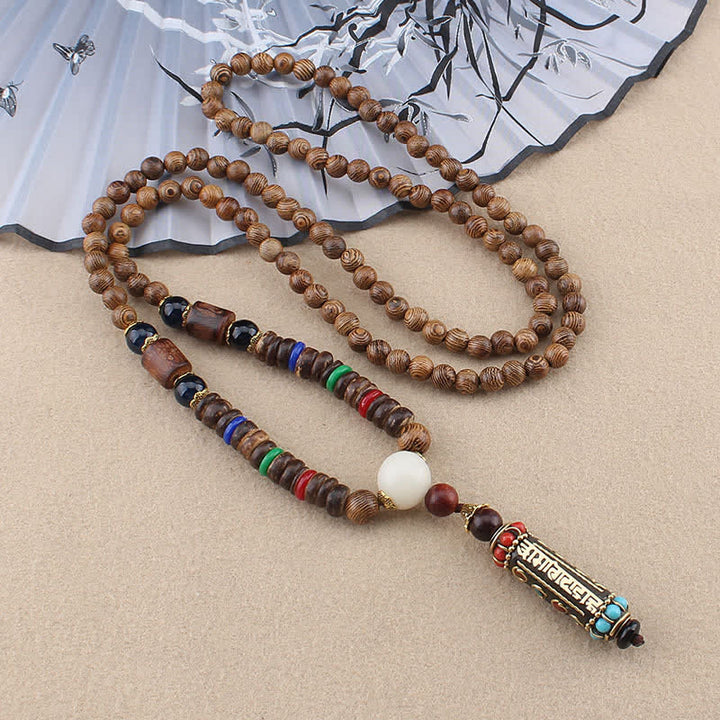 Buddha Stones Tibetische Om Mani Padme Hum Dzi Perle Wenge Holz Halskette Anhänger - Om Mani Padme Hum Holzperlenkette - image 0