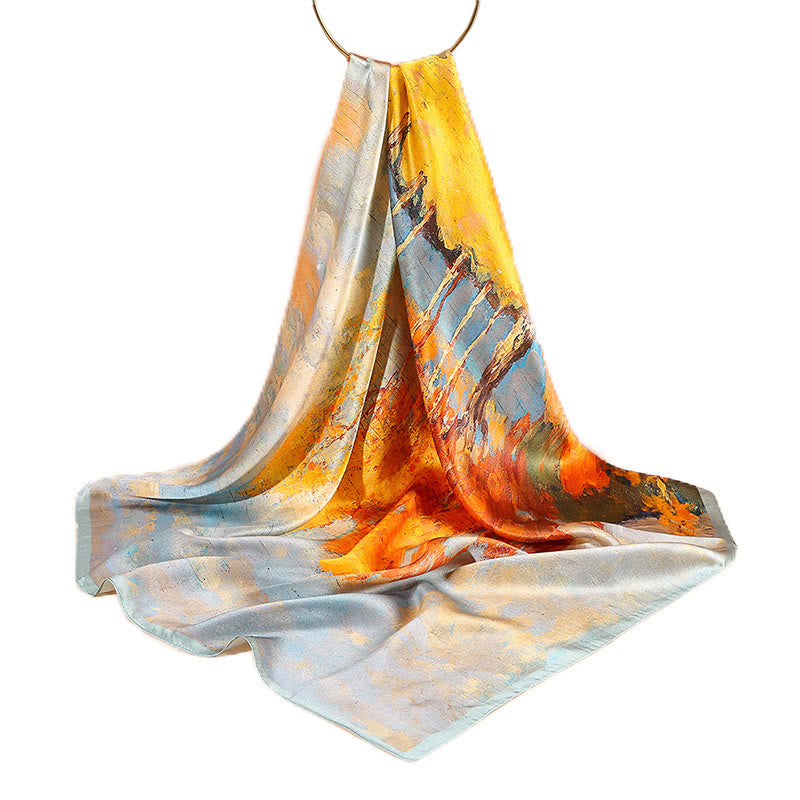 Buddha Stones ​​Ölgemälde Stadt Schnee Szene Schloss Lotus 100 % Maulbeerseide Halshaarschal - image 4