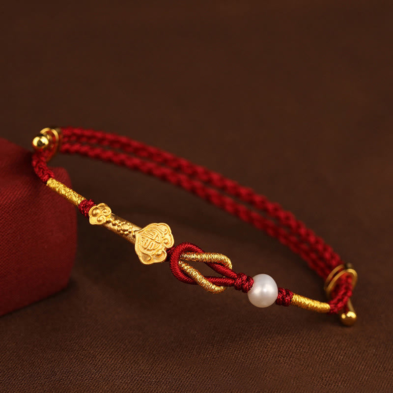 Buddha Stones 24K Gold Wish Ruyi Handle Fu Charakter Kaninchen Perle Glück geflochtenes Armband - 24K Gold Wish Ruyi Griff Fu Charakter Perle (Handgelenkumfang 14-19cm) - image 0