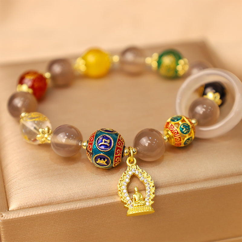 Buddha Stones Five Directions Gods of Wealth Om Mani Padme Hum Buddha-Charm-Armband, natürlicher grauer Achat