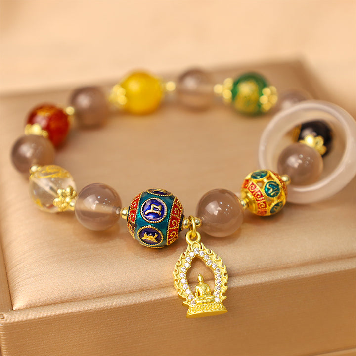 Buddha Stones Five Directions Gods of Wealth Om Mani Padme Hum Buddha-Charm-Armband, natürlicher grauer Achat