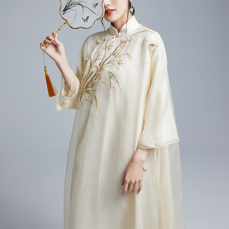 Buddha Stones 100 % Maulbeerseide 6 Momme Kleid Vintage Blume Schmetterling Stickerei Qipao Kleid Damen Cheongsam Kleid - image 4
