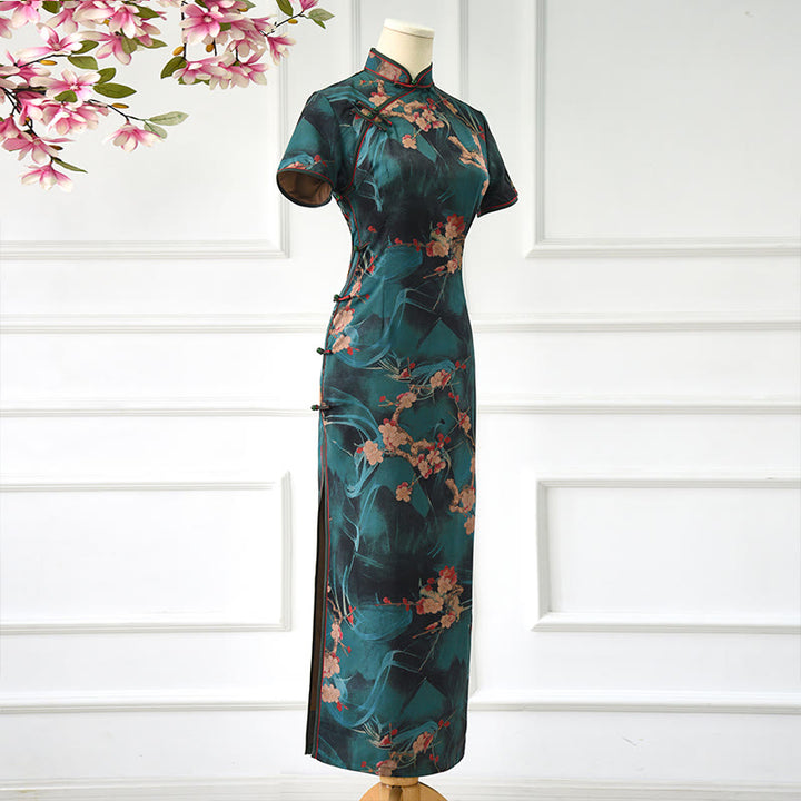 Buddha Stones Vintage Rosa Blumen Print Cheongsam Kleid Damen Qipao Kleid