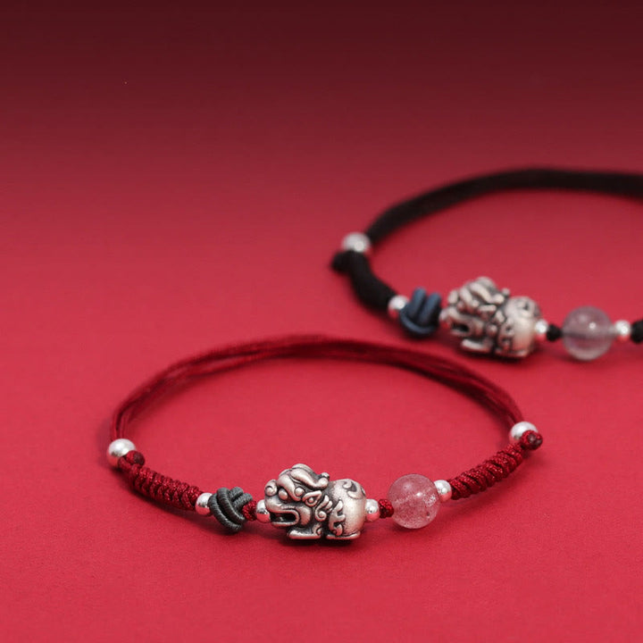 Buddha Stones 999 Sterling Silber PiXiu Erdbeerquarz Perlen Reichtum Glück geflochtenes Armband