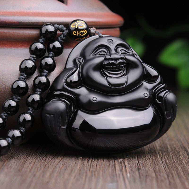 Halskette mit Anhänger „Lachender Buddha“ aus schwarzem Obsidian von Buddha Stones - image 2