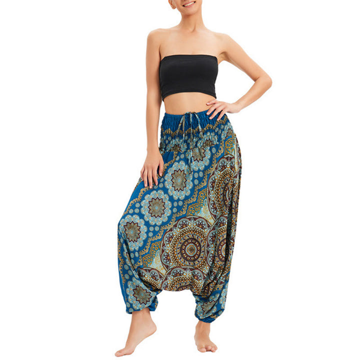 Buddha Stones Zwei Stile Tragen Mandala Blumenmuster Lockere gesmokt Haremshose Overall Hohe Taille Hose