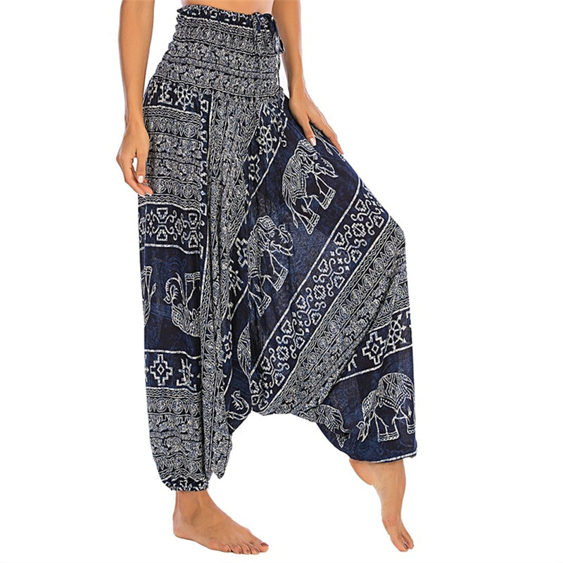 Buddha Stones Locker gesmokte Haremshose mit Elefantenmuster in zwei Stilen, Jumpsuit, Yogahose für Damen