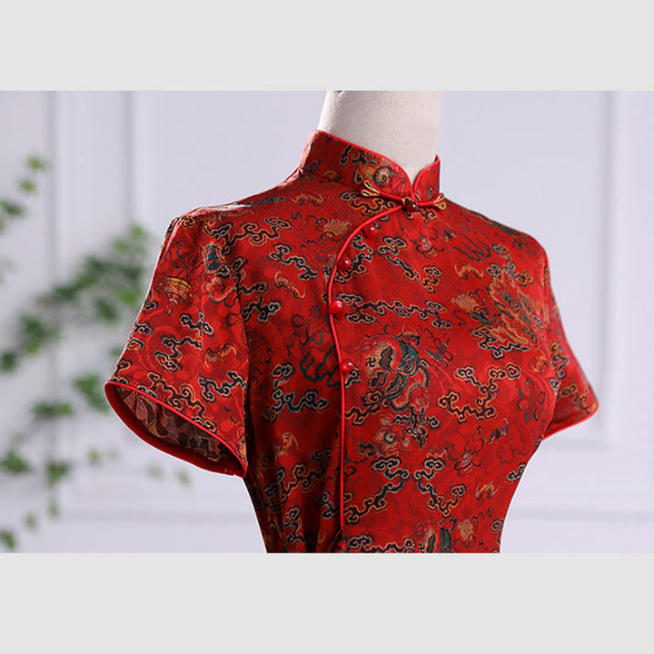 Buddha Stones Vintage Auspicious Clouds Leaf Print Cheongsam Kleid Damen Qipao Kleid