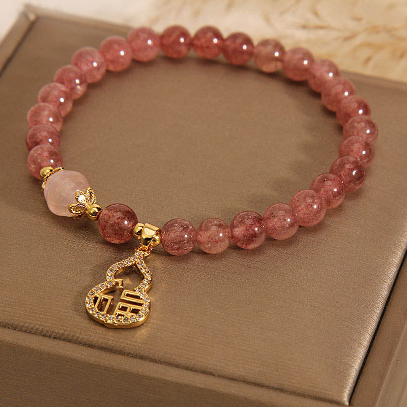 Buddha Stones Armband, Motiv: Erdbeerquarz, Kürbis, Fu, positiver Charm