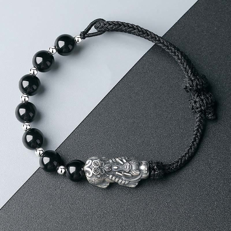 Buddha Stones 999 Sterling Silber FengShui PiXiu Natürlicher schwarzer Obsidian 925 Sterling Silber Bead Strength Armband