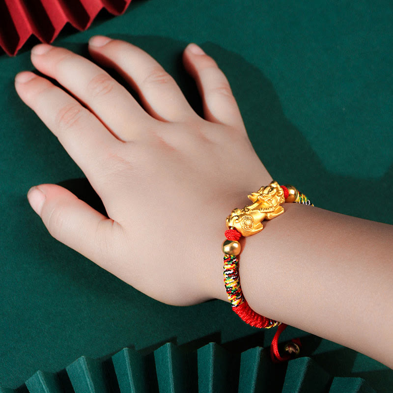 Buddha Stones 999 Sterling Silber PiXiu Wealth King Kong Knotenschnur geflochtenes Kinder-Kind-Armband - 999 Sterling Silber Golden PiXiu - Buntes Seil (Armbandgröße 12+4cm) - image 1