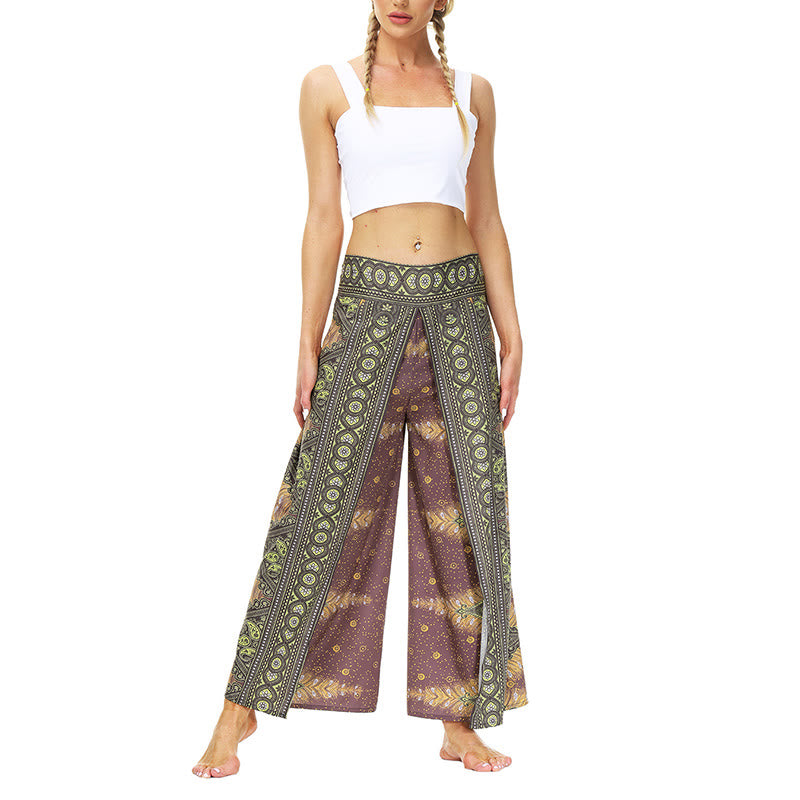 Buddha Stones Boho Geometrische Feder Split Oberschenkel Weite Beinhose Sport Fitness Tanz Damen Yogahose