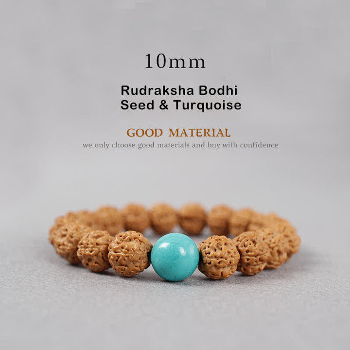 Buddha Stones Tibet Rudraksha Bodhi Seed Dzi Bead Bernstein Türkis Reichtum Armband - 10 mm - Rudraksha Bodhi-Samen & Türkis - image 14