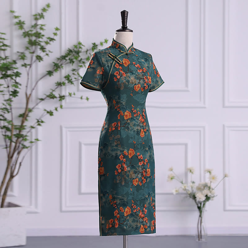 Buddha Stones Retro Blume Lotus Pfingstrose Feder Druck Qipao Kleid Damen Cheongsam Kleid