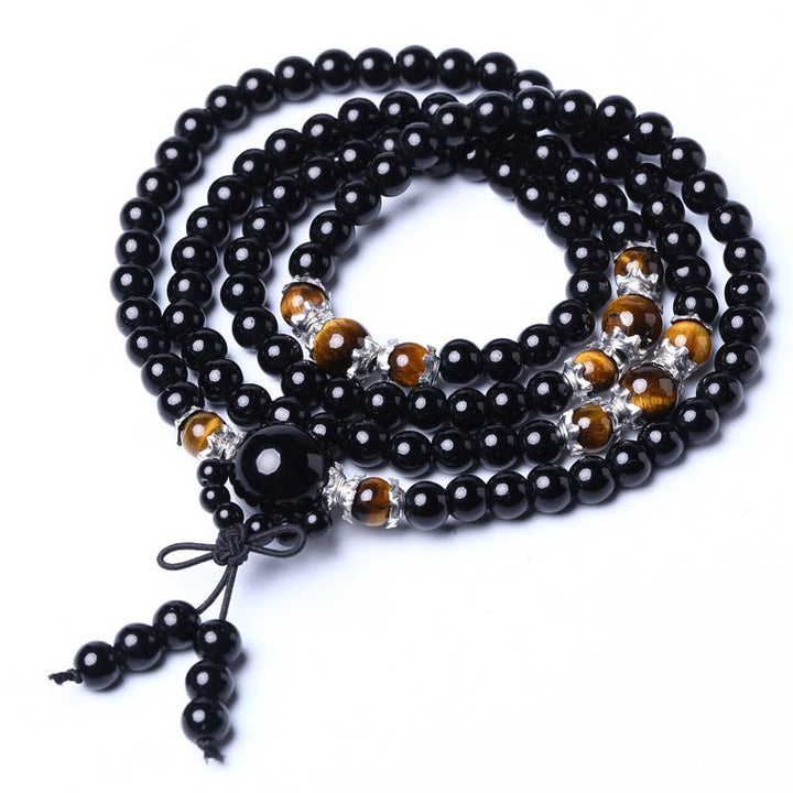 Buddha Stones 108 Perlen natürliches schwarzes Obsidian-Tigerauge-Mala-Armband
