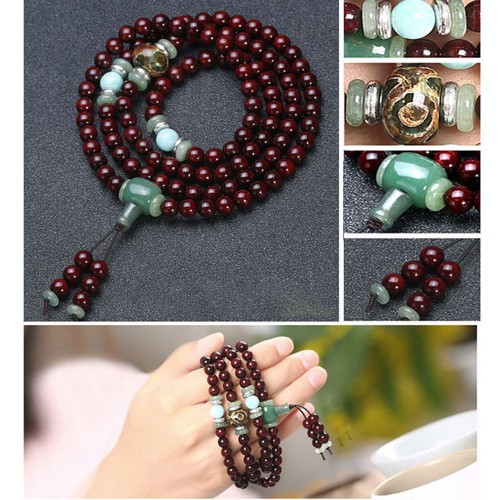 Buddha Stones 108 Perlen grüner Kleines Blatt Rotes Sandelholz Aventurin Amazonit Glück Heilung Armband Mala