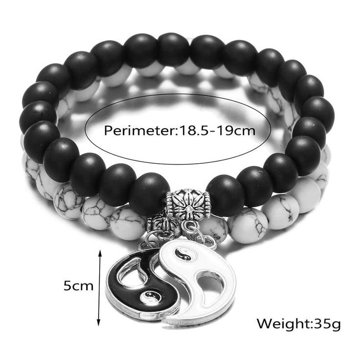 Buddha Stones 2 Stück natürliches schwarzes Onyx- Weiß -Türkis-Perlen-Yin-Yang-Paar-Armband - image 7