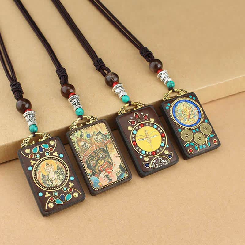 Buddha Stones Tibet Gott des Reichtums Thangka Ebenholz Frieden Halskette Anhänger - image 15