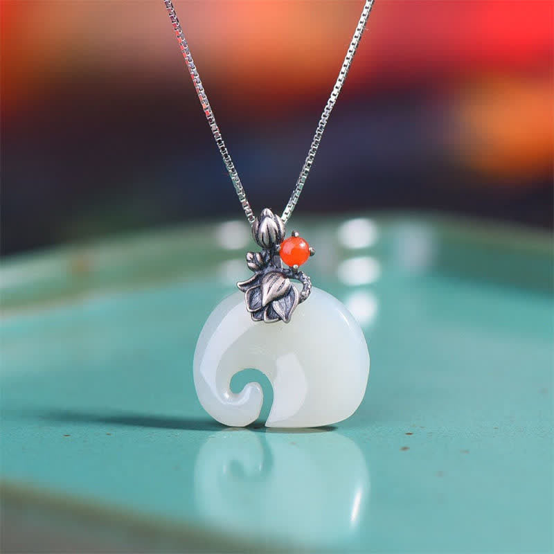 Weiß Jade-Elefant-Lotus-Schutz-Halskettenanhänger - image 2