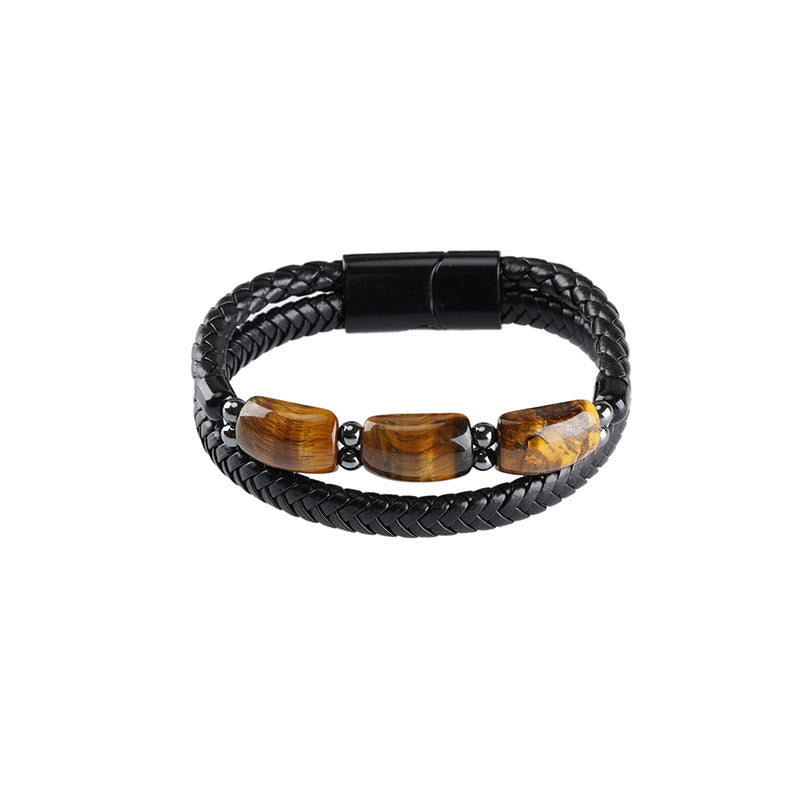 Buddha Stones Natürliches Tigerauge-Schutz-Willens-Lederarmband mit magnetischer Schnalle