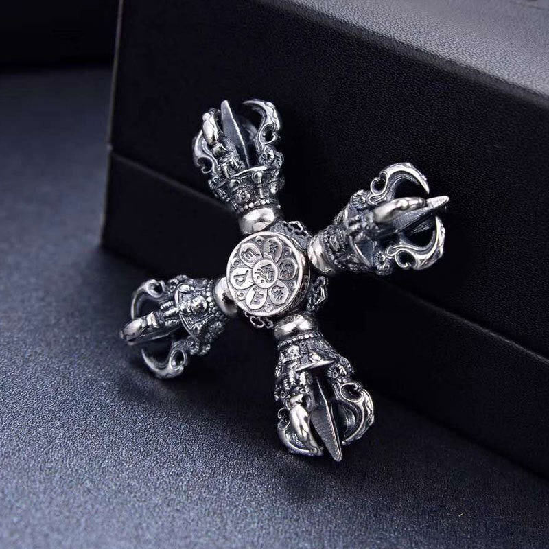 Buddha Stones Tibetischer Anhänger aus 925er Sterlingsilber mit graviertem Doppel-Dorje-Vajra – Symbol spiritueller Kraft - image 5