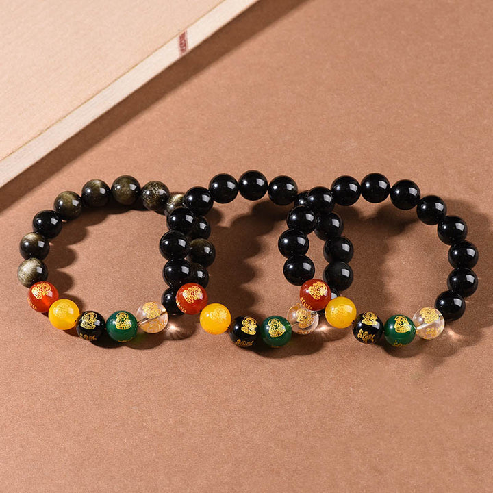 Buddha Stones Armband Gods of Wealth, goldglänzender Obsidian, Regenbogenobsidian, schwarzer Obsidian, Five Directions