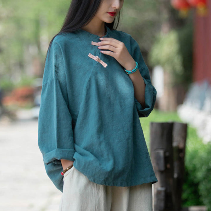 Buddha Stones Ramie Leinen Lose Bluse Damen Langarmshirt Chinesisches Hanfu Top