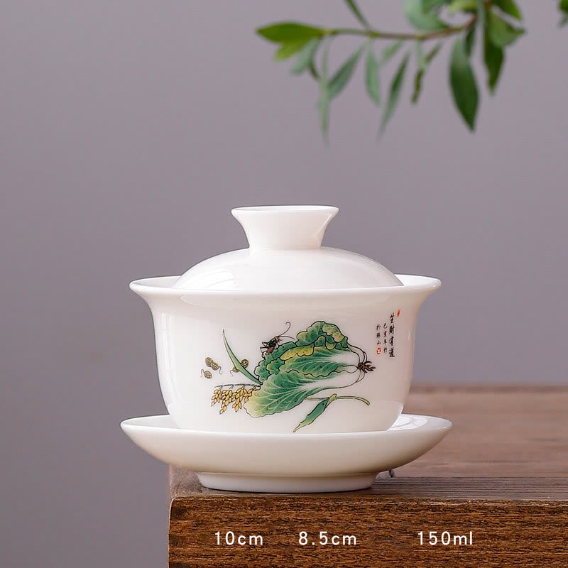 Buddha-Steine, Weiß Porzellan, Berglandschaft, Landschaft, Keramik, Gaiwan-Teetasse, Kung-Fu-Teetasse und Untertasse mit Deckel