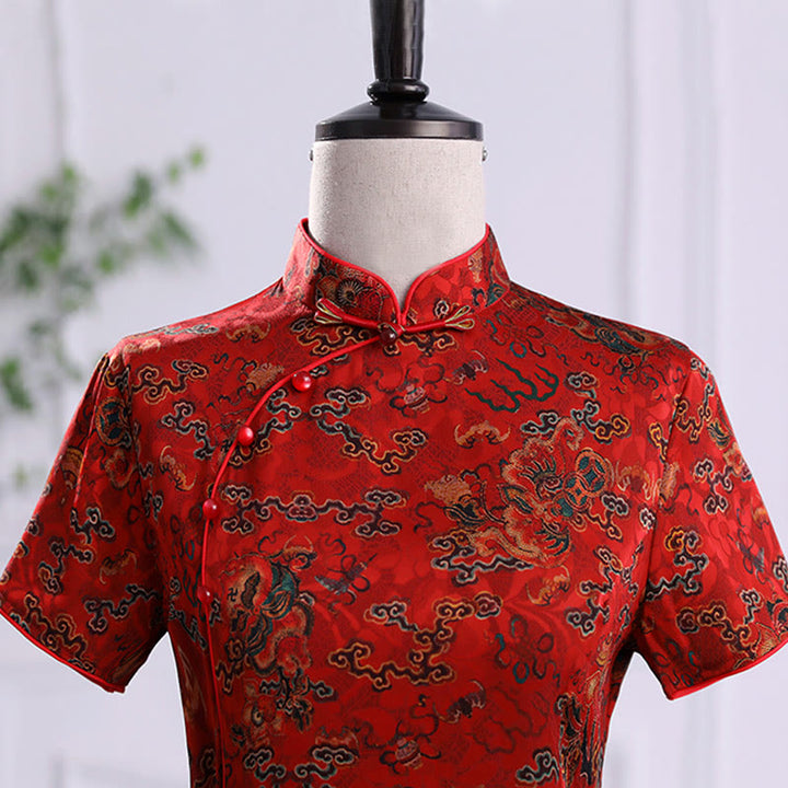 Buddha Stones Vintage Auspicious Clouds Leaf Print Cheongsam Kleid Damen Qipao Kleid