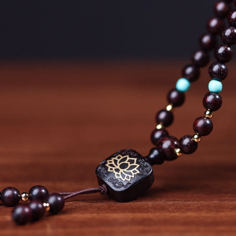 Buddha Stones 108 Mala-Perlen, tibetisches kleines Blatt, rotes Sandelholz, Lotus-Balance-Armband