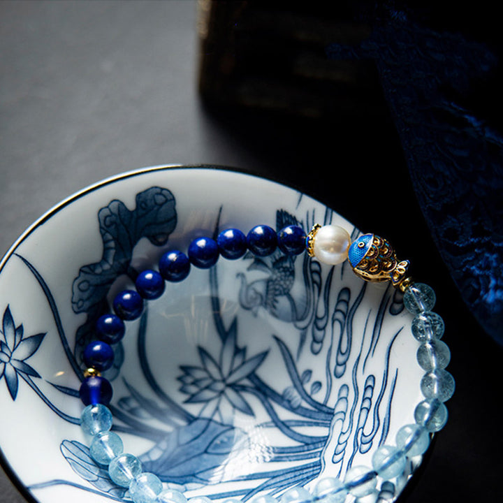 Buddha Stones ​​Natürliches Aquamarin-Lazurit-Lapis-Lazuli-Fisch-Heilarmband - image 3