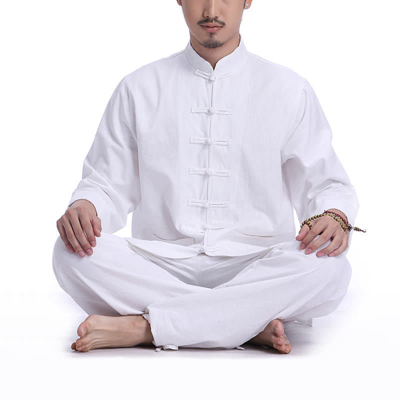 Buddha Stones, chinesischer Frosch, Knopf-Design, Meditation, Gebet, Baumwolle, Leinen, spirituell, Zen, Praxis, Yoga, Kleidung, Herren-Set - Weiß (Langarm) - US/ UK/AU44，EU54 (3XL) - image 8