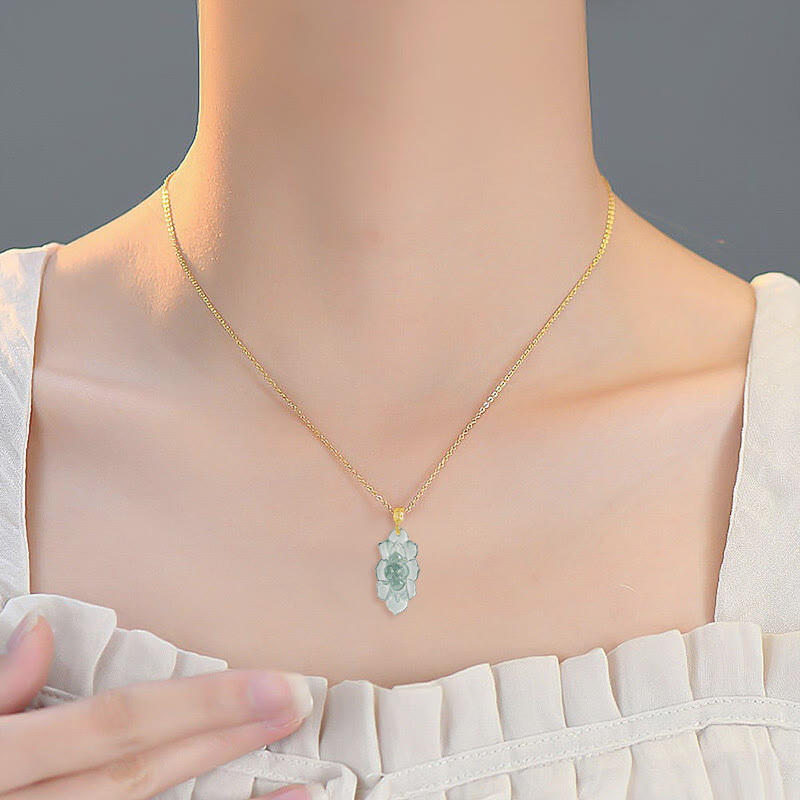 Buddha Stones 18K Gold natürliche Jade Lotus Muster Wohlstand Halskette Anhänger - image 6