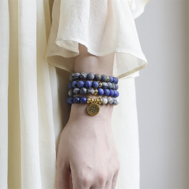 Buddha Stones, Lapislazuli, Picasso-Jaspis, Amazonit, Rhodonit, Apatit, Lotus-Gebetsperlen-Armband - image 1
