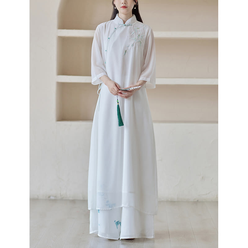 Buddha Stones Bambus Cheongsam Kleid Midikleid Weite Hose Meditation Spirituelle Zen-Praxis Kleidung