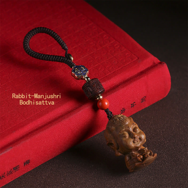 Chinesischer Tierkreiszeichen-Buddha-Schlüsselanhänger aus grünem Sandelholz Om Mani Padme Hum Frieden - Rabbit-Manjushri Bodhisattva - image 12