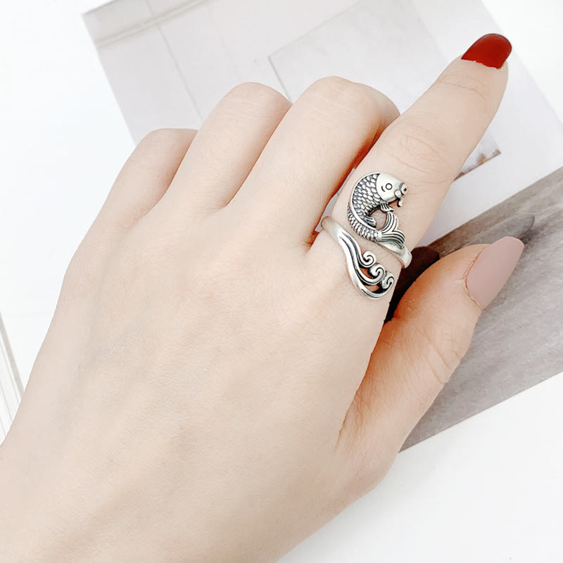 Buddha Stones 925 Sterling Silber Koi Fisch Wasser Welligkeit Glück Reichtum Ring - image 11