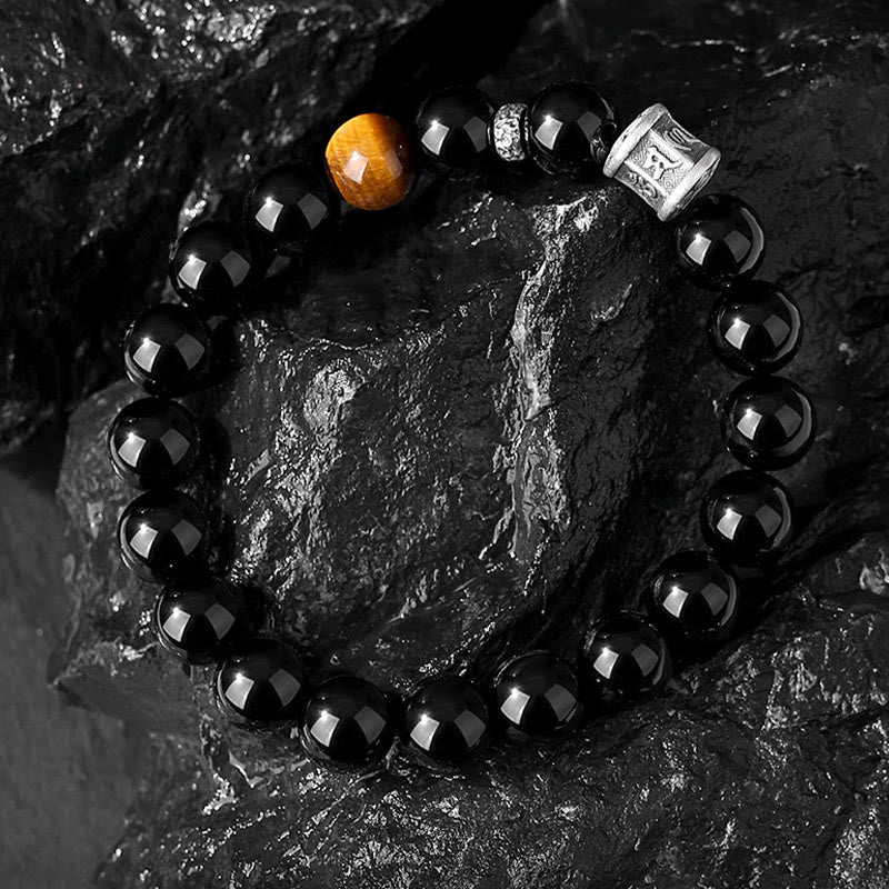 Buddha Stones 999 Sterling Silber Schwarzer Obsidian Tigerauge Om Mani Padme Hum Erfüllungsarmband