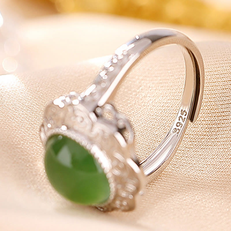 Buddha Stones 925 Sterling Silber Hetian Cyan Jade Blumendesign Glück verstellbarer Ring - image 4