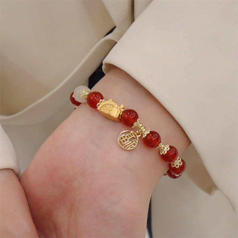 Buddha Stones, Jahr des Drachen, roter Achat, Erdbeerquarz, schwarzer Obsidian, Jade, Granat, Perle, Zinnober, Knödel, Drache, Glück, Fu, Charakter-Armband - image 5
