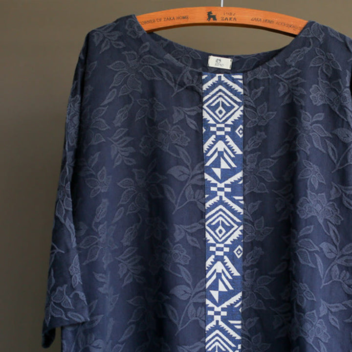 Buddha Stones – Jacquard-Midikleid mit Blumenstickerei, Blau, Dreiviertelärmeln, Baumwollkleid mit Taschen