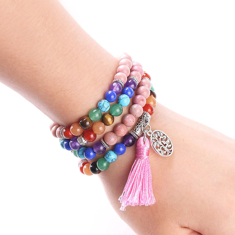 Buddha Stones 108 Mala Perlen Rhodonit Blauer Kristall Lazulit Heilarmband