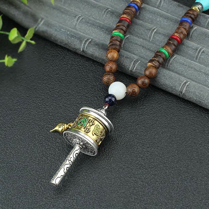 Buddha Stones, tibetische Om Mani Padme Hum Gebetsmühle, Rotation, Vajra-Holz-Halsketten-Anhänger - Goldene Gebetsmühle - image 0