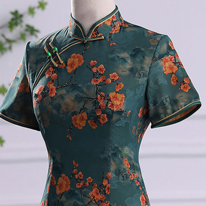 Buddha Stones Retro Blume Lotus Pfingstrose Feder Druck Qipao Kleid Damen Cheongsam Kleid