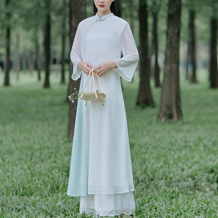 Buddha Stones Dreiviertelärmel Chiffon Cheongsam Midikleid Weite Hose Meditation Zen Praxis Kleidung